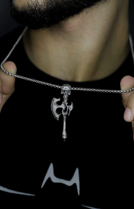 Stainless Steel Skull AX Pendant with Silver Chain
